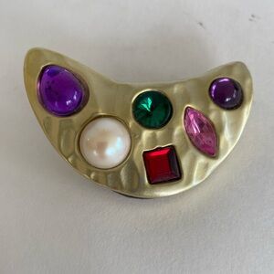 Vintage Gold Tone Brooch with Multicolor Faux Gemstones